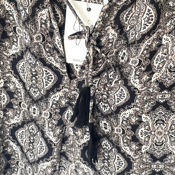Joie Silk Shirt Womens Small Black V-Neck Long Sleeve Paisley Tassels Calla Top - Picture 7 of 7